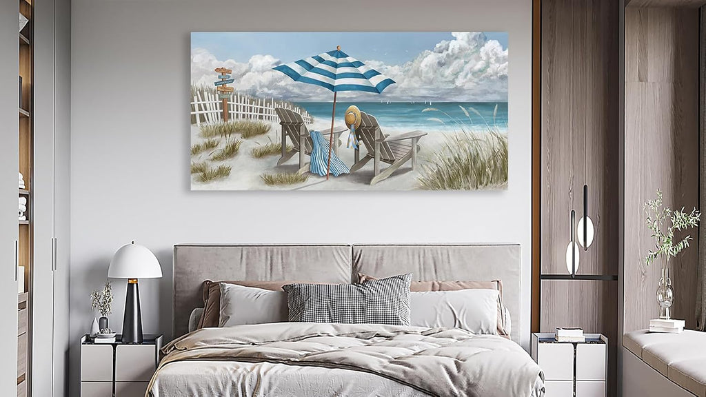Shoci Summer Beach Wall Art - Large Blue Sky White Cloud Canvas Picture for Living Room Ocean Beach Painting Print Decor Peaceful Sea Life Artwork Wall Art for Bedroom Home Office Decoration 29' X 58'