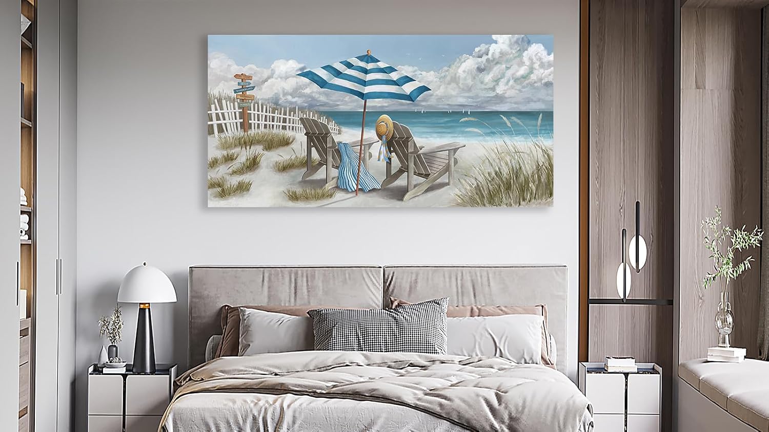 Shoci Summer Beach Wall Art - Large Blue Sky White Cloud Canvas Picture for Living Room Ocean Beach Painting Print Decor Peaceful Sea Life Artwork Wall Art for Bedroom Home Office Decoration 29' X 58'