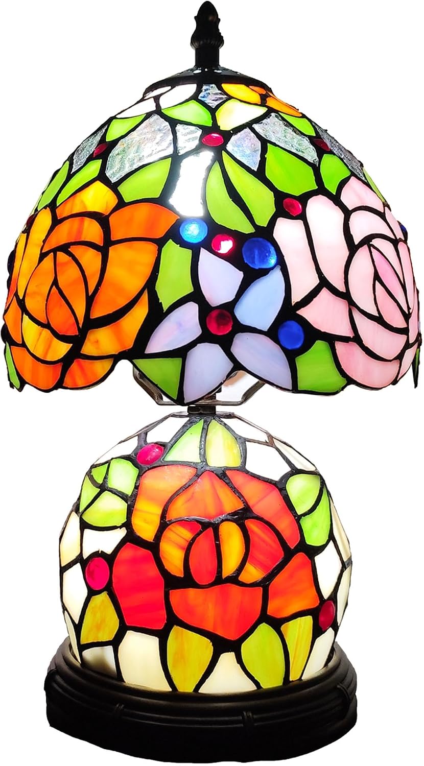 Tiffany Table Lamp Small Yellow Pink Roses Stained Glass Lamp Mother-Daughter Style Desk Reading Light with 2 LED Bulbs for Bedroom Living Room Office Decor