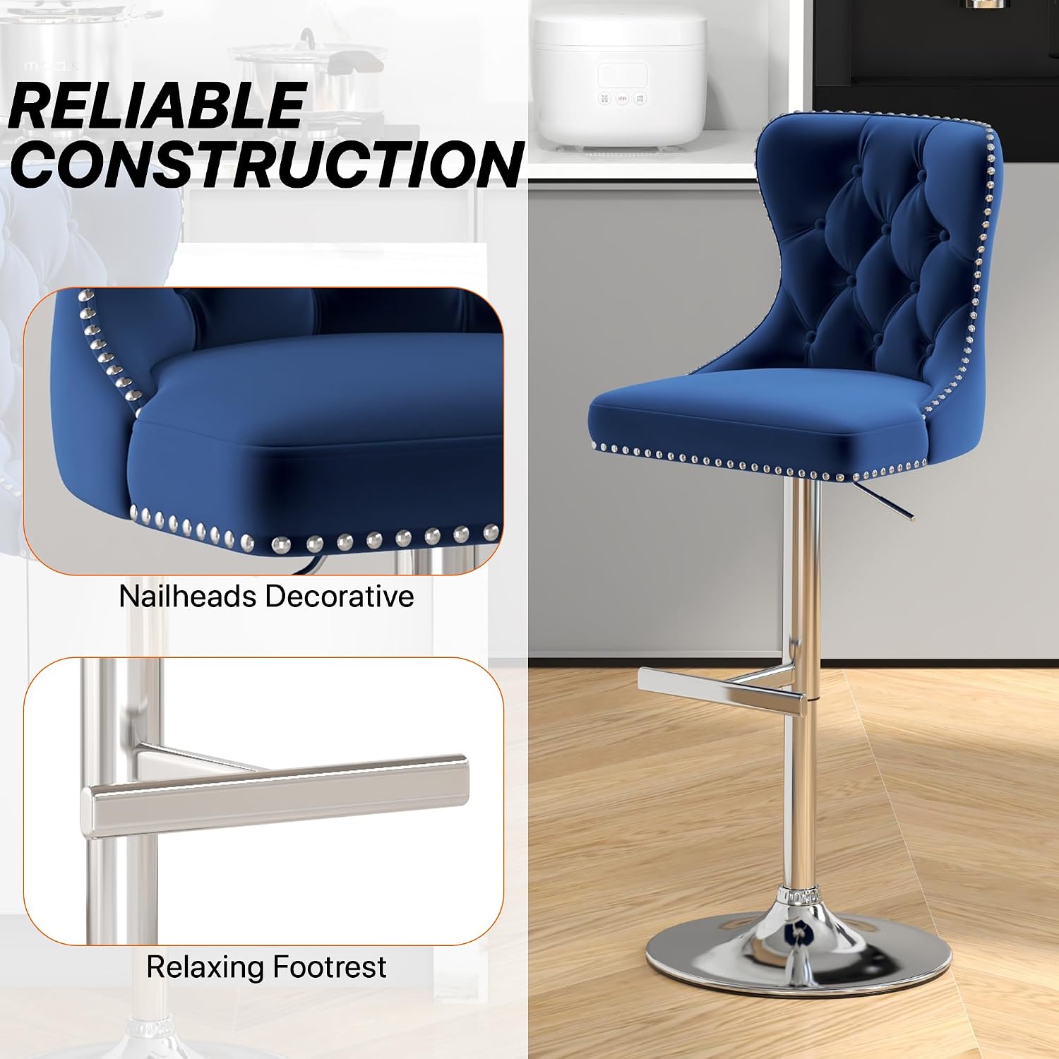 Bar Stools Set of 4, Velvet Swivel Counter Height Stools with Tufted Back, Adjustable Seat with Nailheads Trim, Upholstered Bar Chairs with Steel Base for Kitchen Island, Pub, Blue