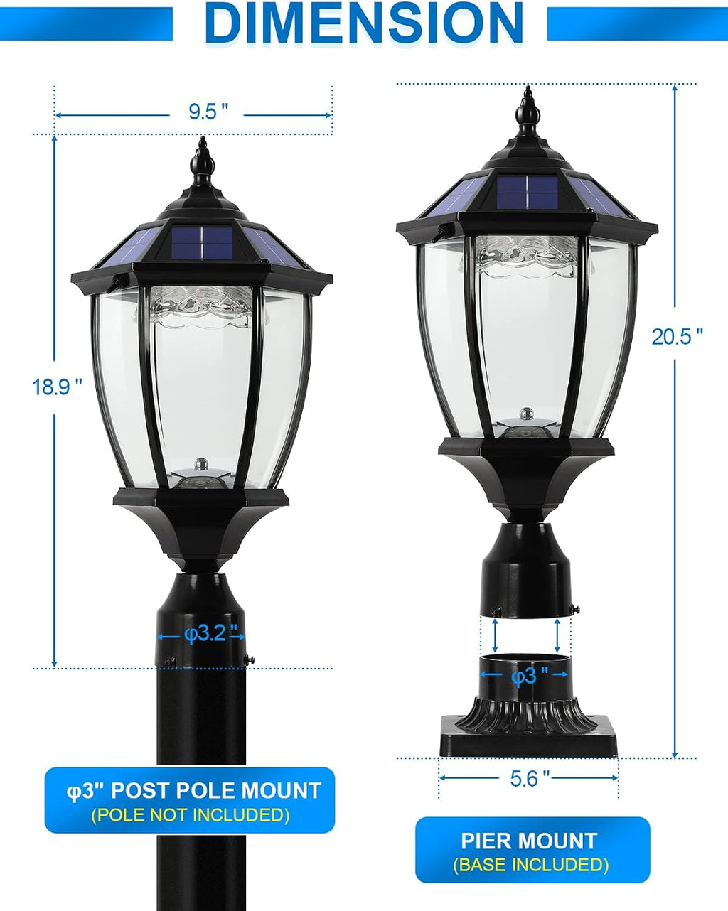 Solar Outdoor Lamp Post Light with Dusk to Dawn Photocell, Waterproof Oil-Rubbed Black Pillar Light with Clear Glass, Aluminum Solar Pole Lamp with Pier Mount for Porch, Yard. Pathway