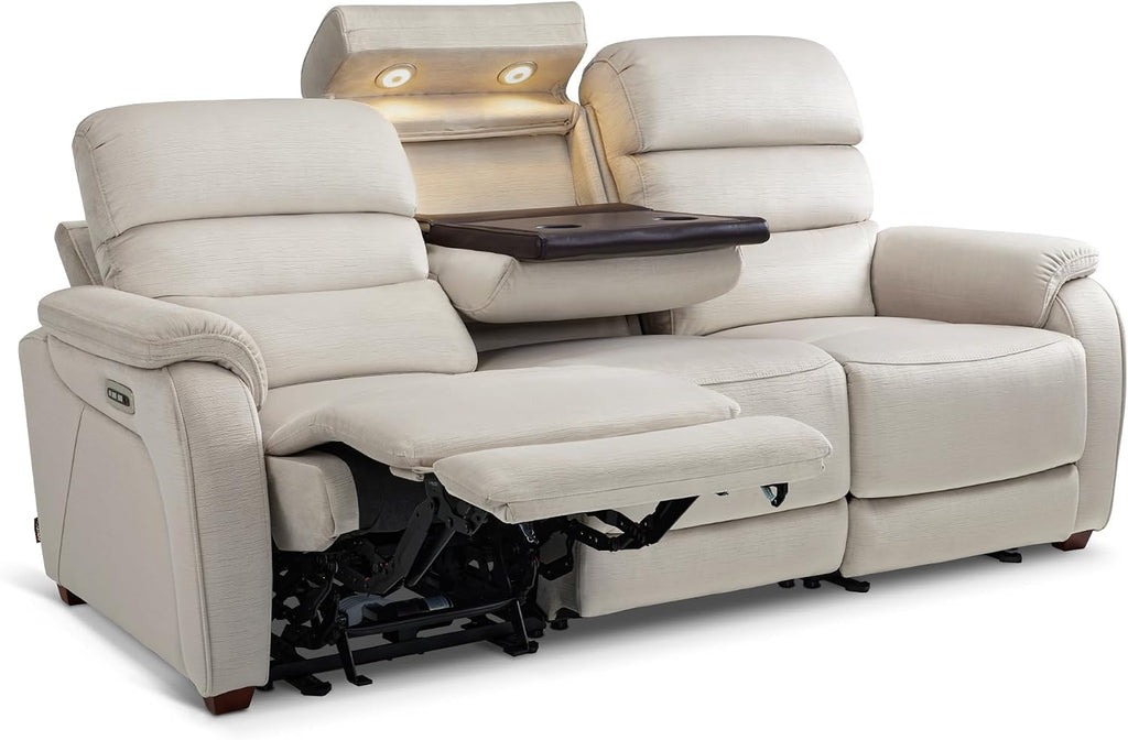 MCombo 87.2'' Wall Hugger Power Recliner Sofa with Drop Down Table, Reclining Sofa with Adjustable Headrest, USB Charge Ports, Reading Lamp, for Living Room, RVs, Fabric, ST258M3 (3-Seater, Beige)