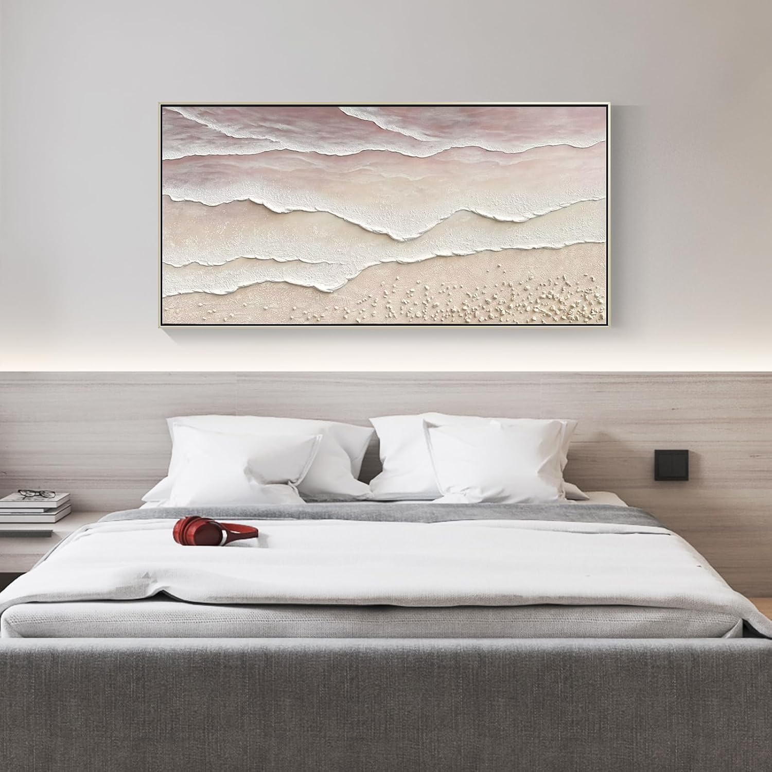 Beach Wave Textured Wall Art - Hand Painted Abstract Wall Painting for Living Room Framed Artwork 60x30 Horizontal Canvas Extra Large Plaster Wall Decor