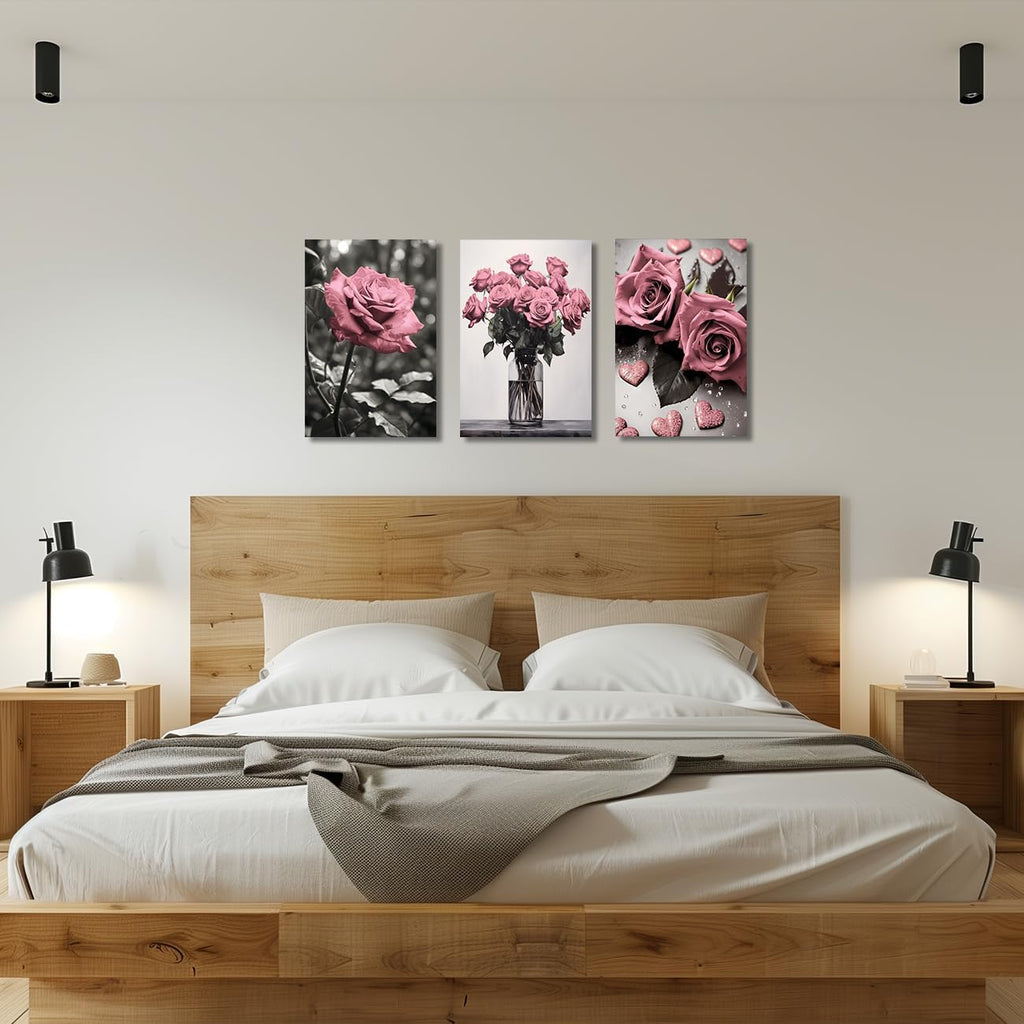 ZQQART Pink Rose Wall Art 3 PCS Bloom Pink Flower Canvas Prints Rustic Black and White Pink Floral Painting for Girls Room Wall Decor (Pink24.00' x 36.00' x 3)