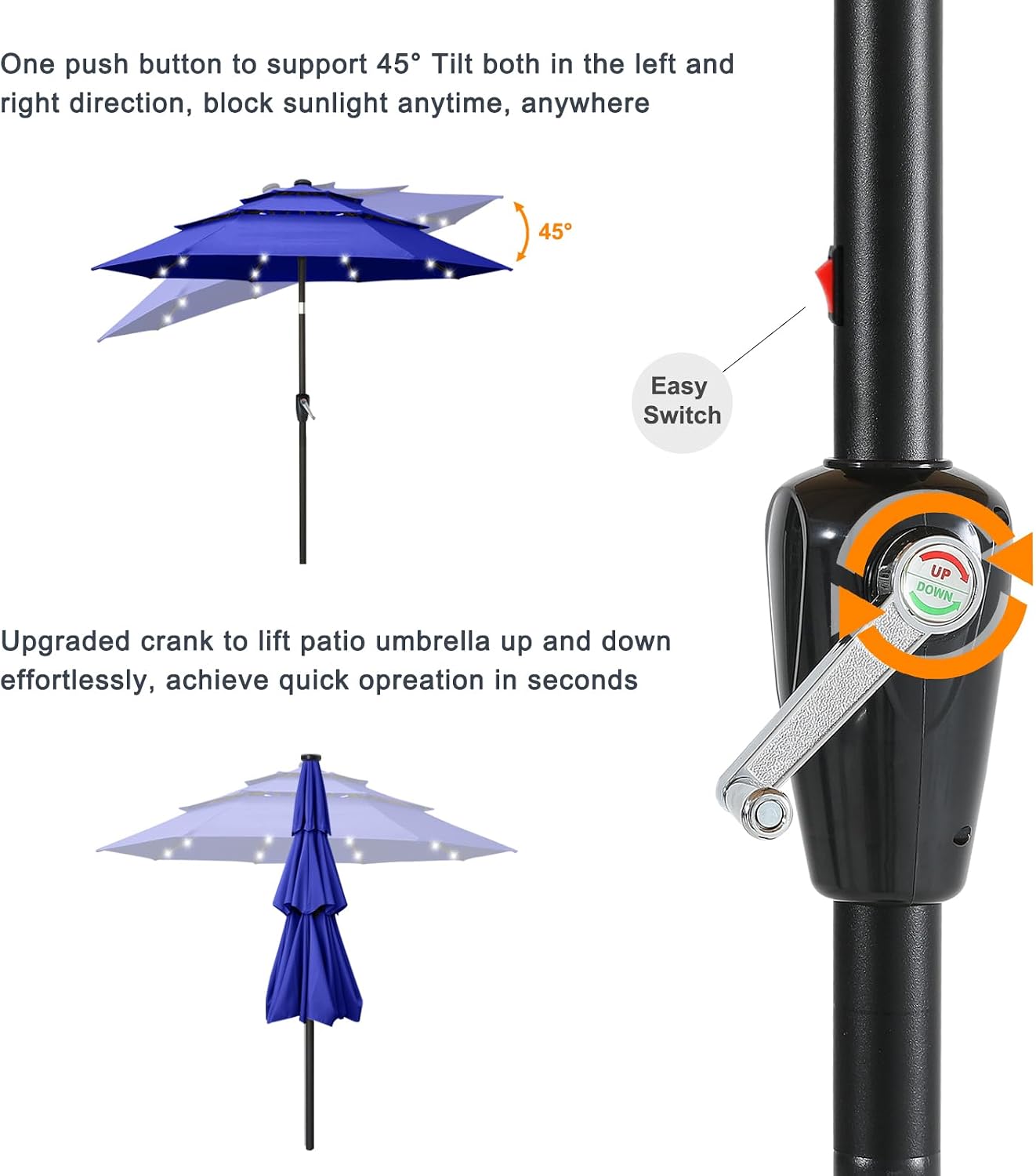 ABCCANOPY 3-Tiers 11FT Solar Patio Umbrella, Outdoor Umbrella with 32 LED Lights for for Deck, Pool, Garden, Backyard (Blue)