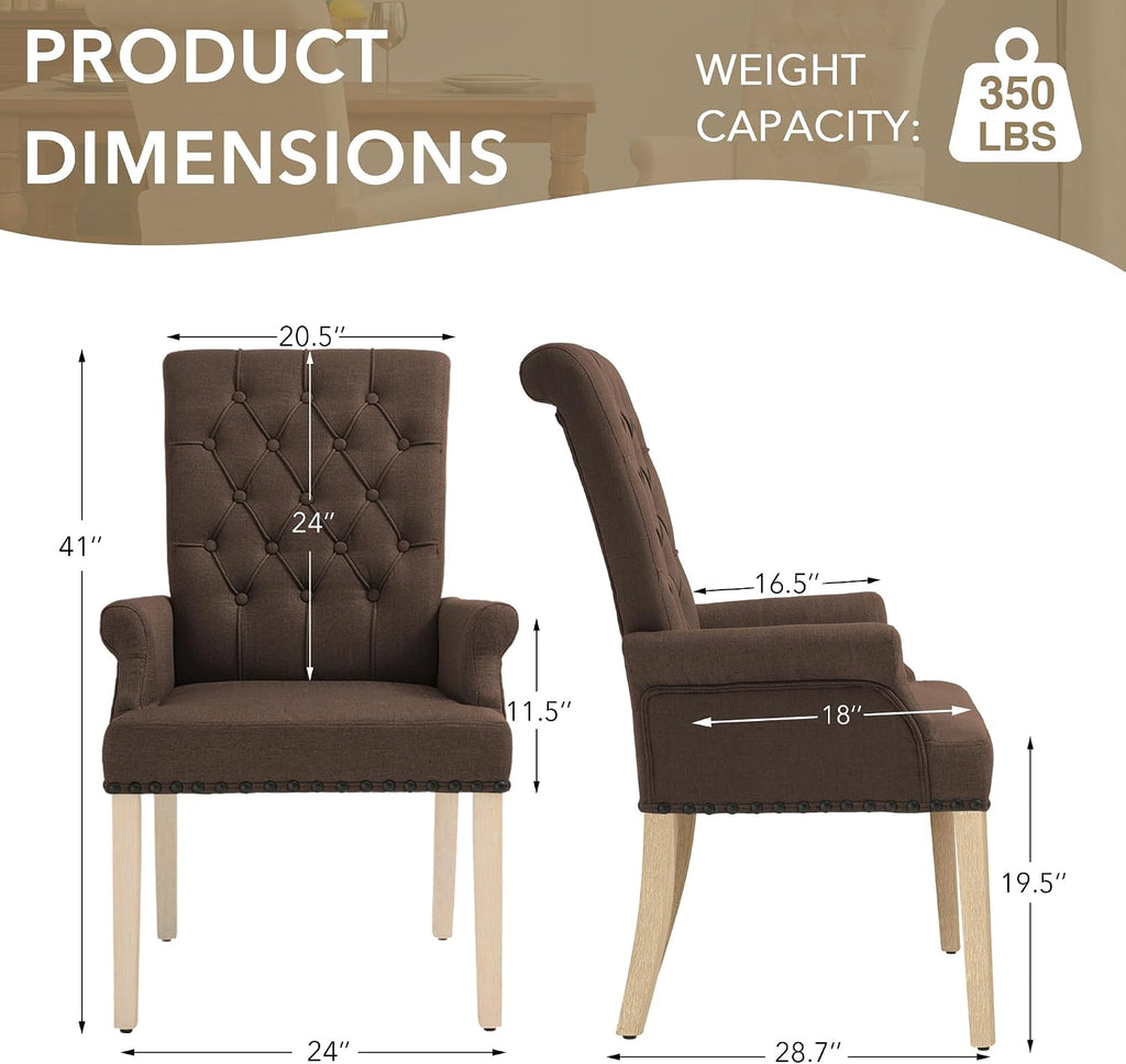 LOULENS Fabric Dining Chairs, Modern Upholstered Tufted Dining Room Chairs with Arms and Solid Wood Legs for Home, Kitchen Living Room, Brown