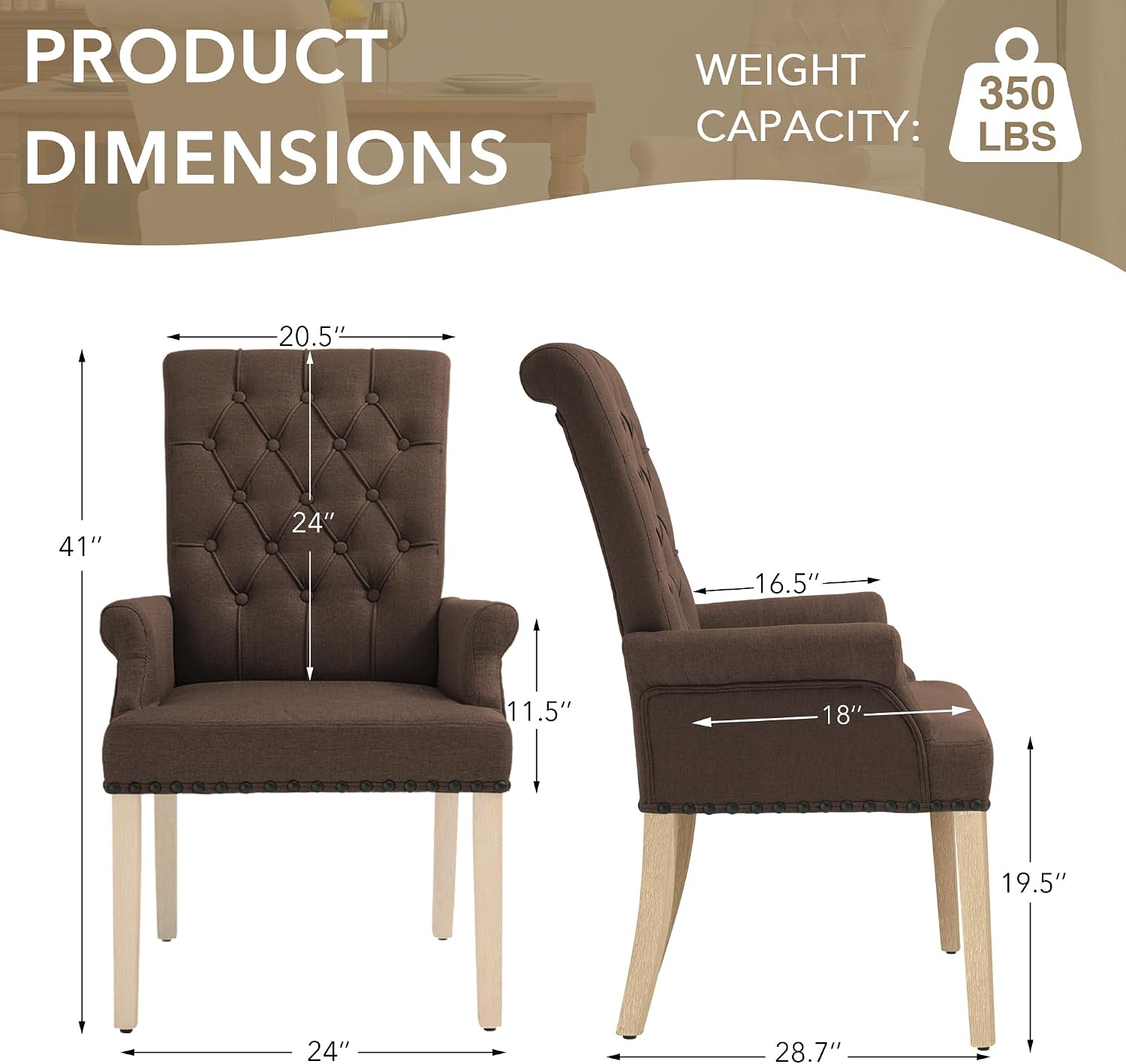 LOULENS Fabric Dining Chairs, Modern Upholstered Tufted Dining Room Chairs with Arms and Solid Wood Legs for Home, Kitchen Living Room, Brown