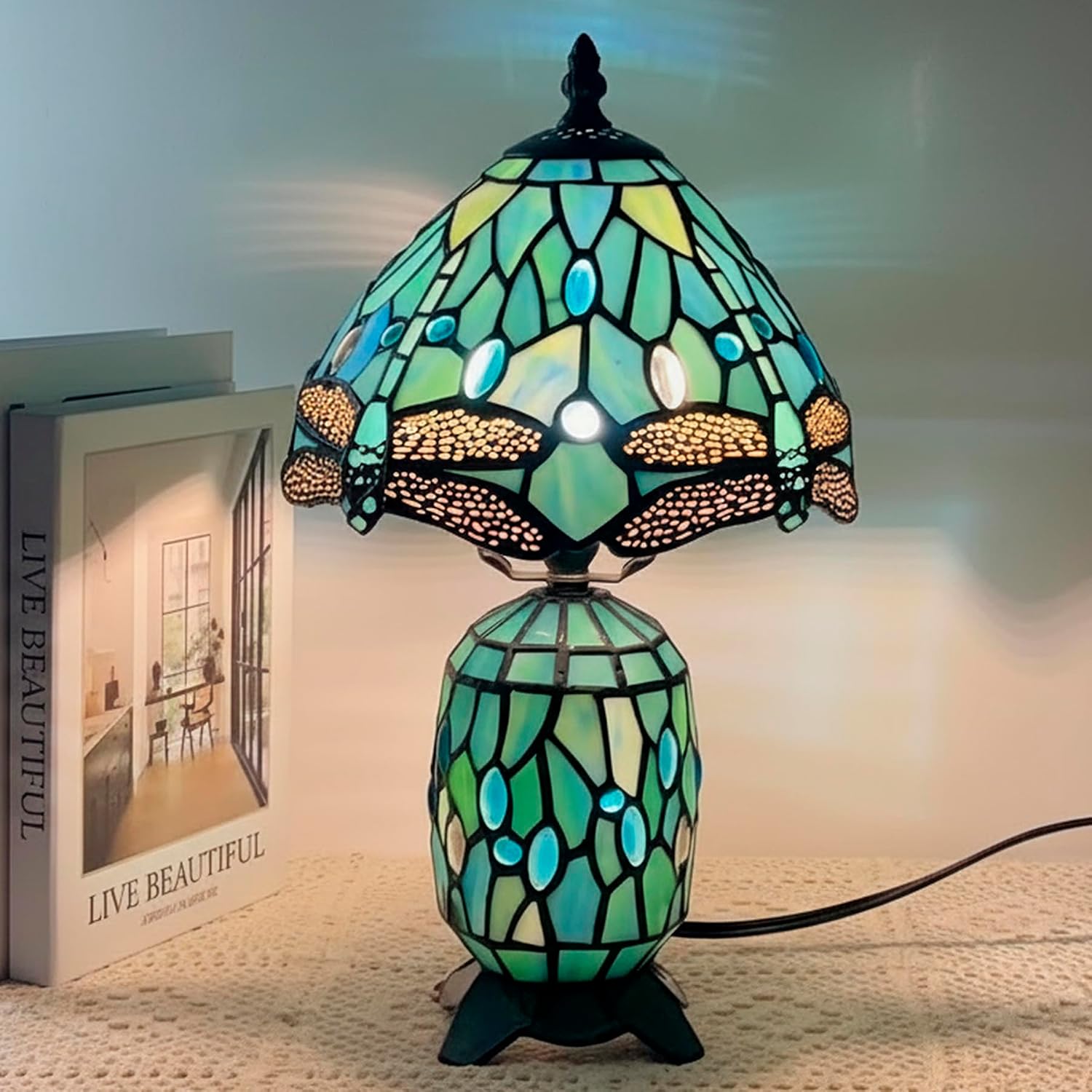 Small Tiffany Lamp Stained Glass Table Lamp Mini Mother Daughter Vase Desk Accent Light for Bedroom Bedside Reading Home Antique Style Decor 8X14 Inches (Sea Blue Dragonfly)
