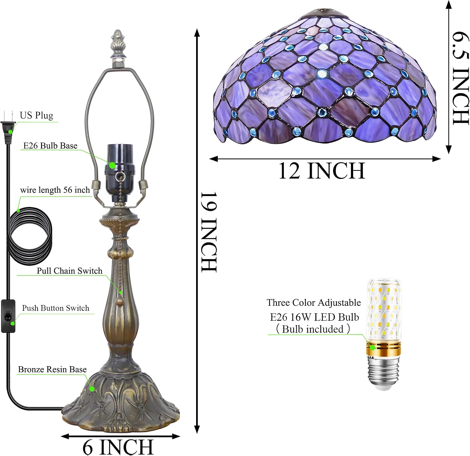 Tiffany Lamp Stained Glass Table Lamp Antique Bedside Reading Light W12H19 Inches (Purple Pearl)