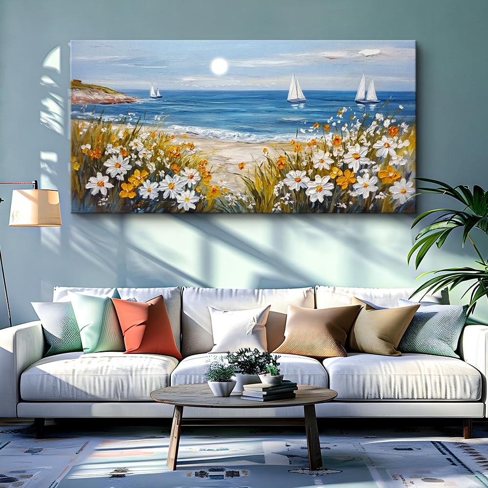 KELIYUAN Large Vintage Landscape Painting Home Decor Blue Ocean Beach Painting Living Room Decorative Wall Art Modern Print Canvas White Flowers Farmhouse Office Bedroom Wall Decor 30 X 60 Inches