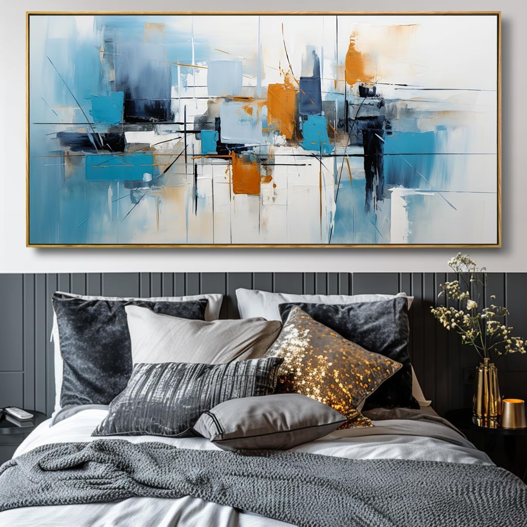 Wall Art Abstract Wall Decor Blue Orange Colorful Canvas Painting Modern Artwork for Living Room Bedroom Dining Room Home Office Decor 24'x48' with Framed