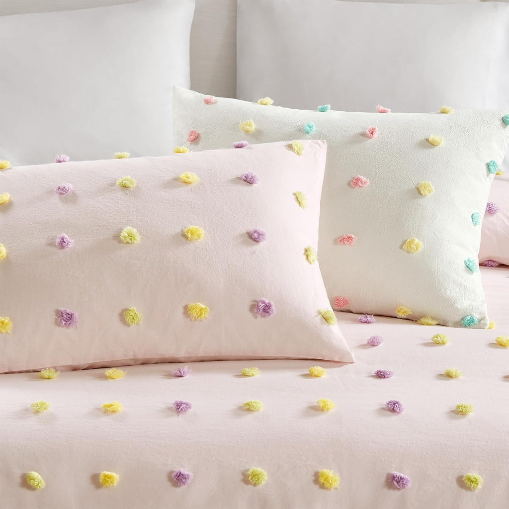 Intelligent Design Kids Twin Cotton Jacquard Weave Colorful Pom Pom Kids Comforter Sets, Down Alternative Shabby Chic All Season Girls Bedding, Bedroom Decor, Callie, Twin/Twin XL Pink 4 Piece