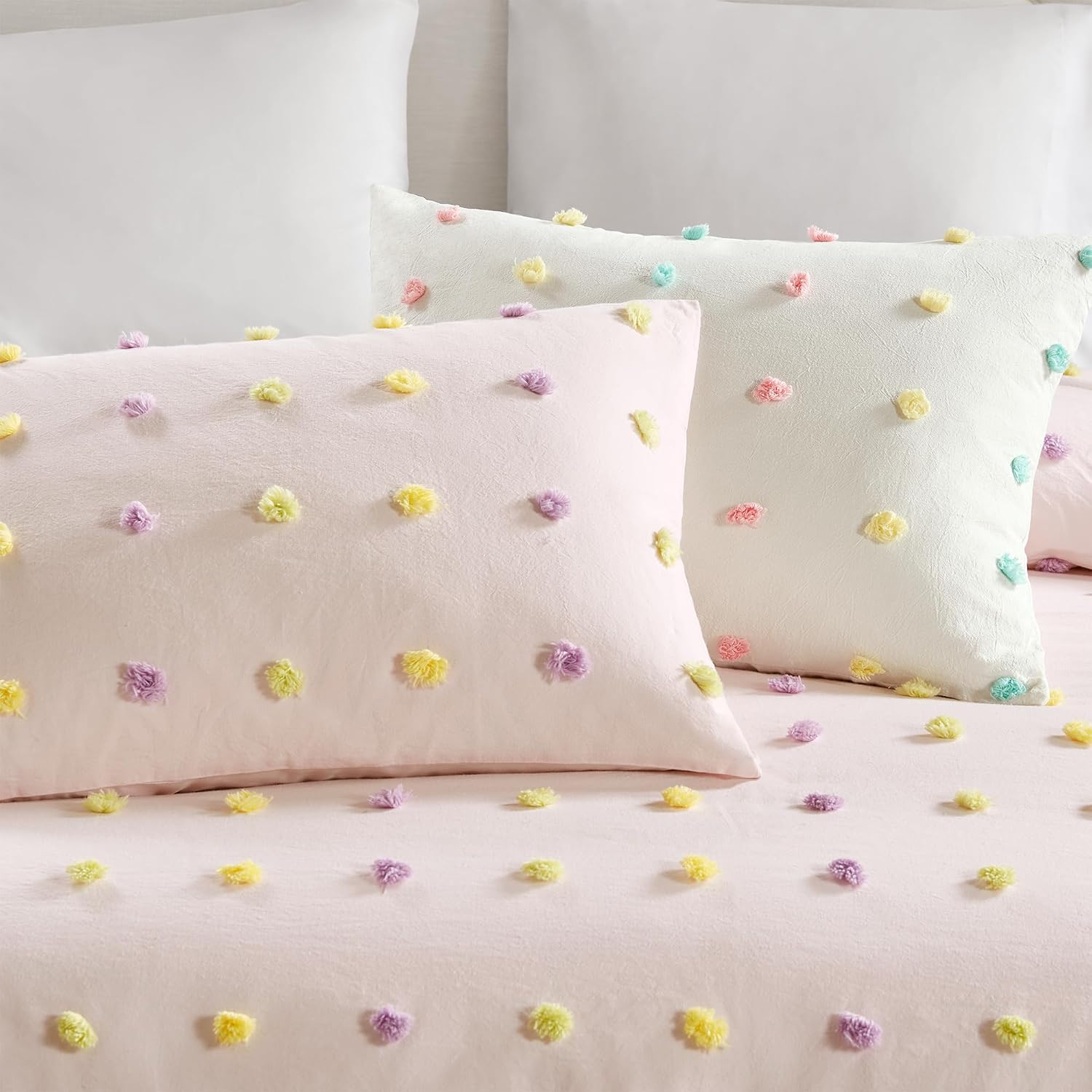 Intelligent Design Kids Twin Cotton Jacquard Weave Colorful Pom Pom Kids Comforter Sets, Down Alternative Shabby Chic All Season Girls Bedding, Bedroom Decor, Callie, Twin/Twin XL Pink 4 Piece
