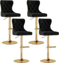 Velvet Tufted Barstools Set of 4, Swivel Counter Chairs with Diamond Lattice Back, Height Adjustable Seat with Rivet Trim Metal Pull, Elegant Design, Black