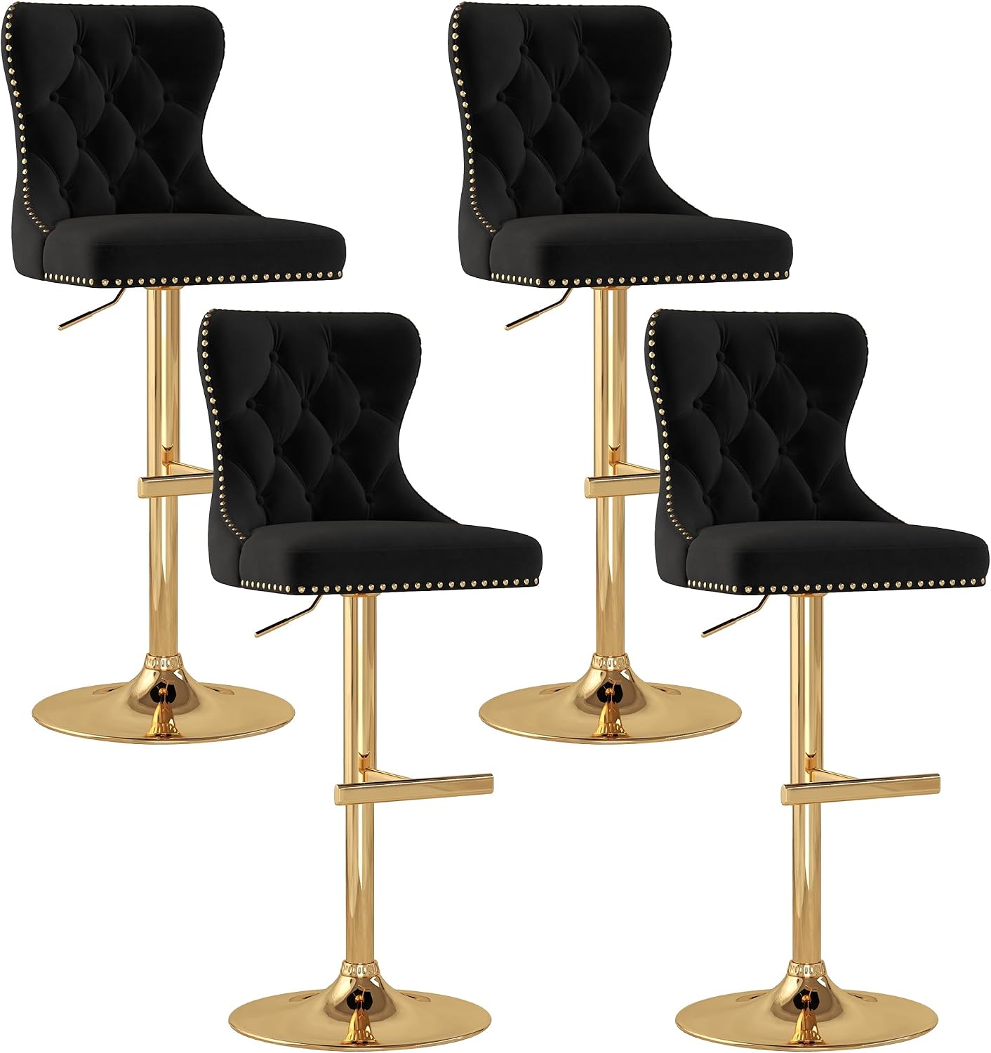 Velvet Tufted Barstools Set of 4, Swivel Counter Chairs with Diamond Lattice Back, Height Adjustable Seat with Rivet Trim Metal Pull, Elegant Design, Black