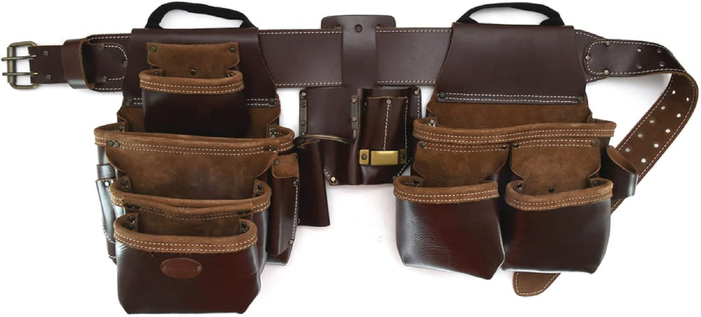 Style n Craft 4-Piece and 22-Pocket Pro Framer's Combo, Tool Belt with 2 Tool Pouches, a 4-Pocket Multi-Tool Holder, and 1 Leather Hammer Loop, Full-Grain Leather Carpenter Tool Belt, Dark Tan (98454)