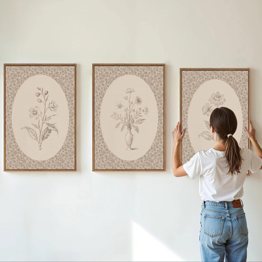 Rantodecor Vintage Flower Framed Canvas Wall Art Triptych, Rustic Floral Wall Decor, Retro Sketch Botanical Art Paintings, Antique French Cottage Artwork for Girls Bedroom Living Room Bathroom 24'x36'