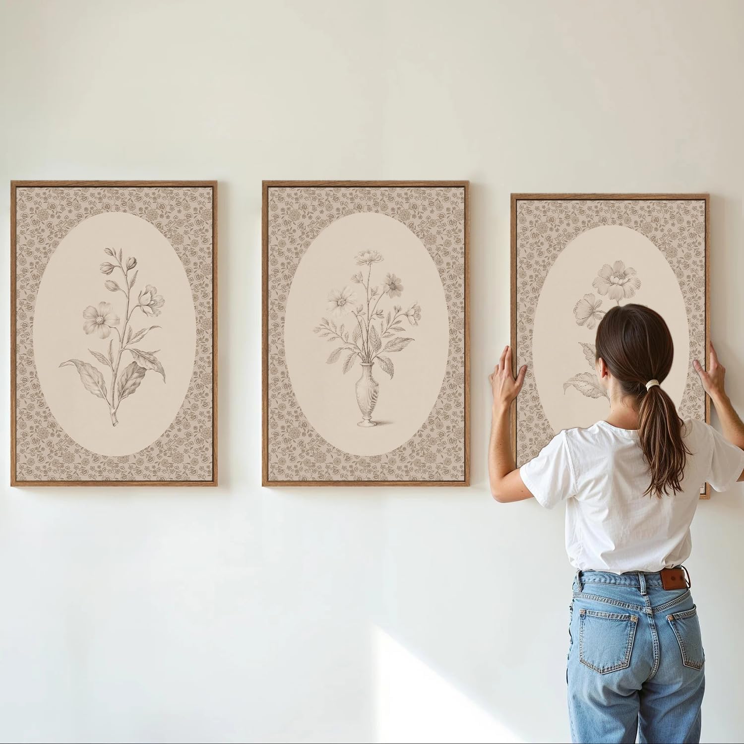 Rantodecor Vintage Flower Framed Canvas Wall Art Triptych, Rustic Floral Wall Decor, Retro Sketch Botanical Art Paintings, Antique French Cottage Artwork for Girls Bedroom Living Room Bathroom 24'x36'