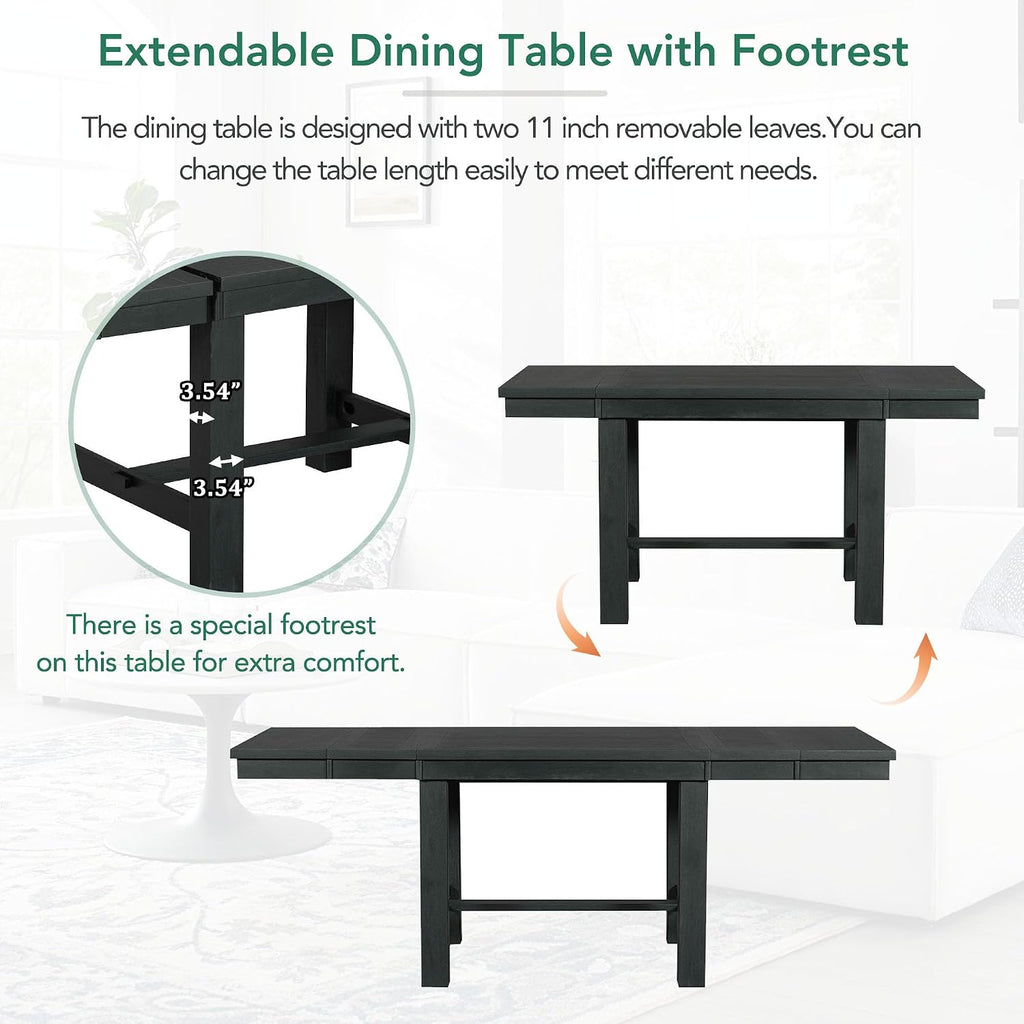 Farmhouse 6-Piece Extendable Dining Room Table Sets, Acacia Wood 82'' Dining Table with 2 Removable Leaf and Upholstered Dining Chairs& Bench, Soft Cushion with Rivet (Black+WT)