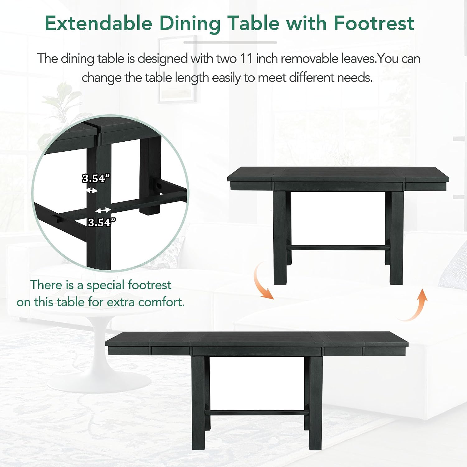 Farmhouse 6-Piece Extendable Dining Room Table Sets, Acacia Wood 82'' Dining Table with 2 Removable Leaf and Upholstered Dining Chairs& Bench, Soft Cushion with Rivet (Black+WT)