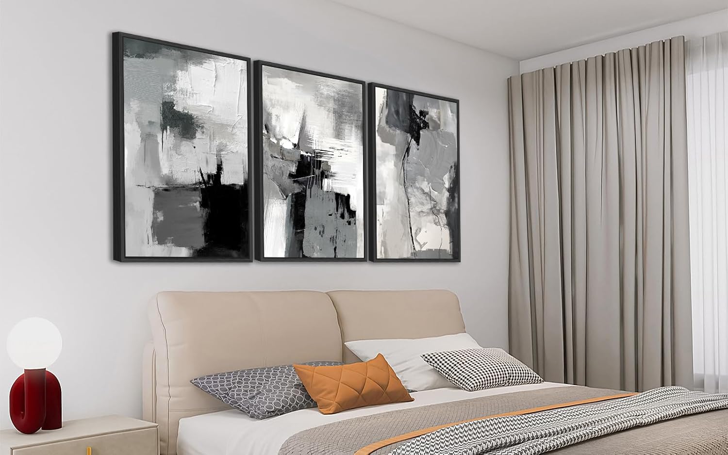 Large Framed Canvas Wall Art - Retro Grey Graffiti Pictures for Living Room Rustic Abstract Wall Decor Vintage Prints for Bedroom Dinning Room Black Float Framed 20' X 28' X 3 pcs