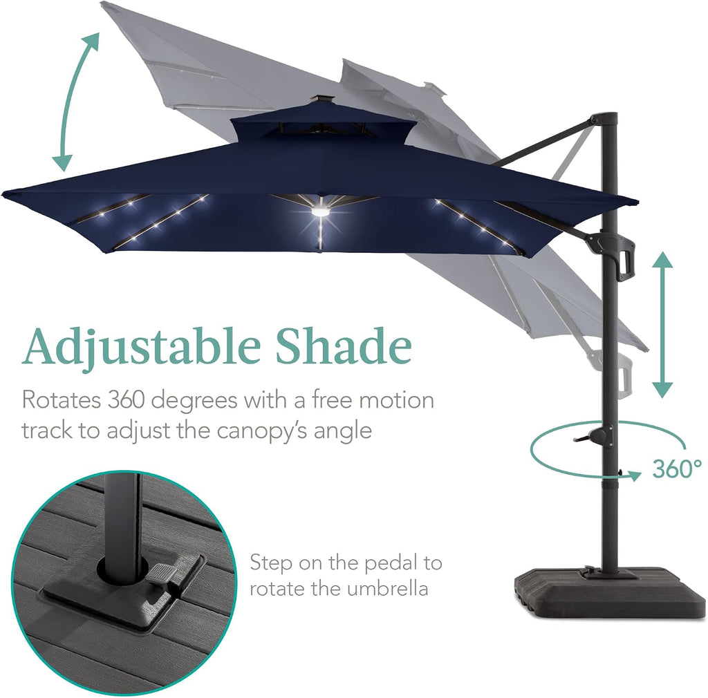Best Choice Products 10x10ft Cantilever Patio Umbrella w/Base Included, Solar LED Lights 360 Rotation Large Offset Hanging Outdoor Shade for Deck Pool Backyard w/Stand – Navy Blue