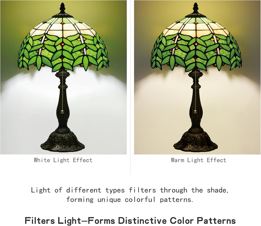 Tiffany Style Stained Glass Table Lamp 12-inch Dia Natural Green Leaf Design Lampshade Nightstand Light for Bedroom Dining Dorm Living Hallway Cottage Office Cafe Ceremony Housewarming Gift