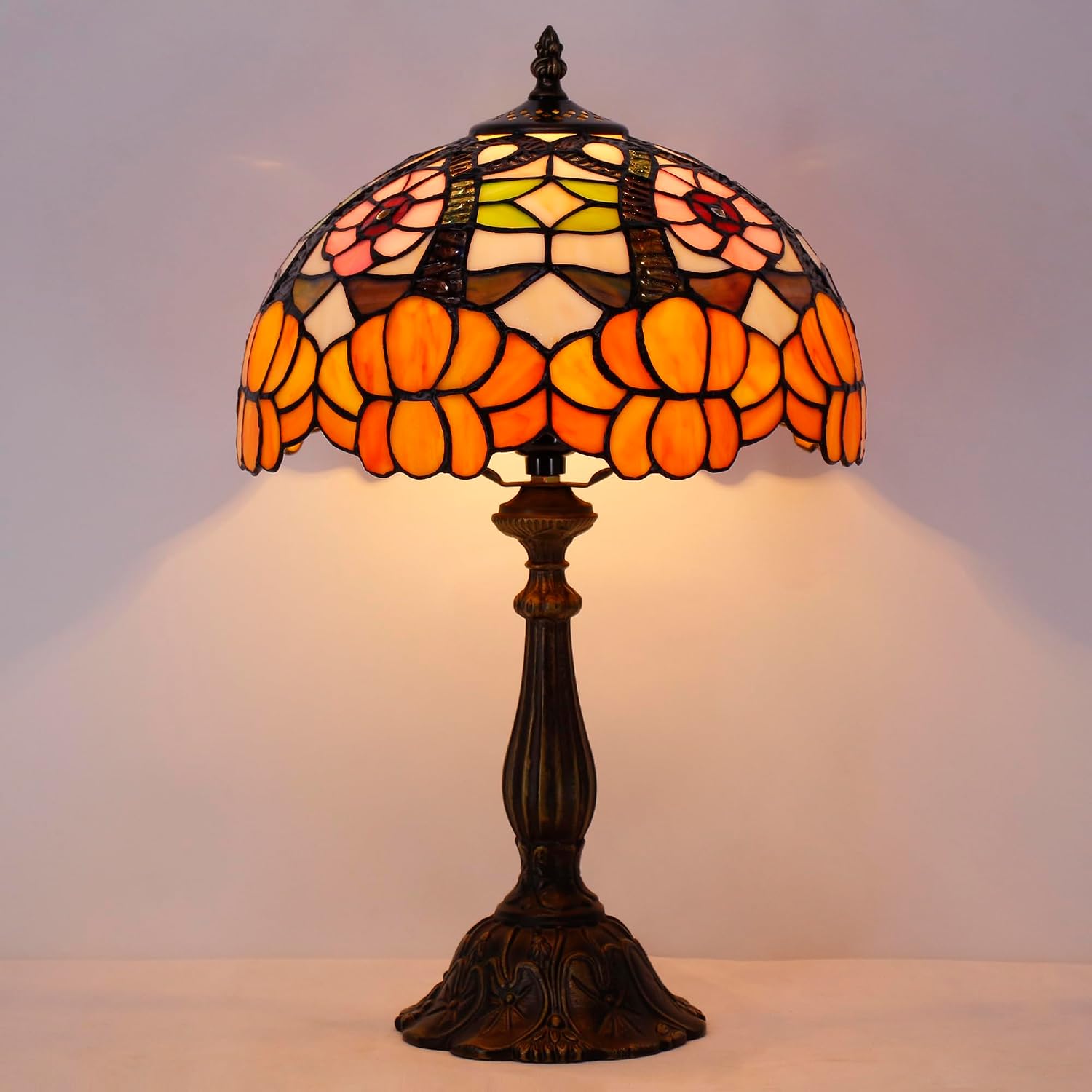 Tiffany Lamp Touch Control Table Lamp Orange Flower Style Stained Glass 12×12×19 Inches Desk Reading Light Bedroom Office