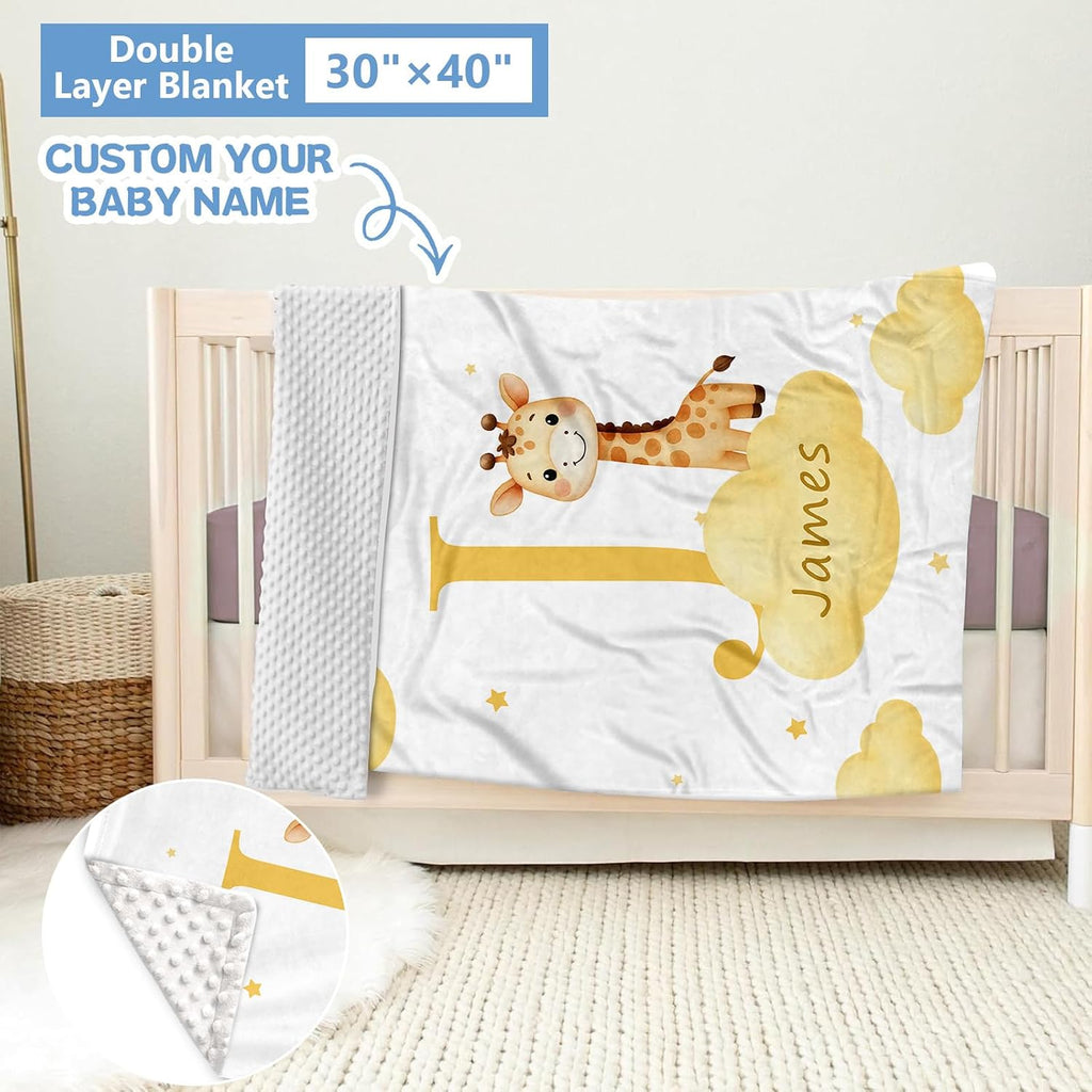 KAINSY Custom Crib Bedding Set, 5 Pcs Personalized Name Monogram Baby Crib Sets for Infants Toddlers, Yellow Giraffe Nursery Bedding Set for Boys Girls, Double Layer Baby Bedding Sets Customized Gifts