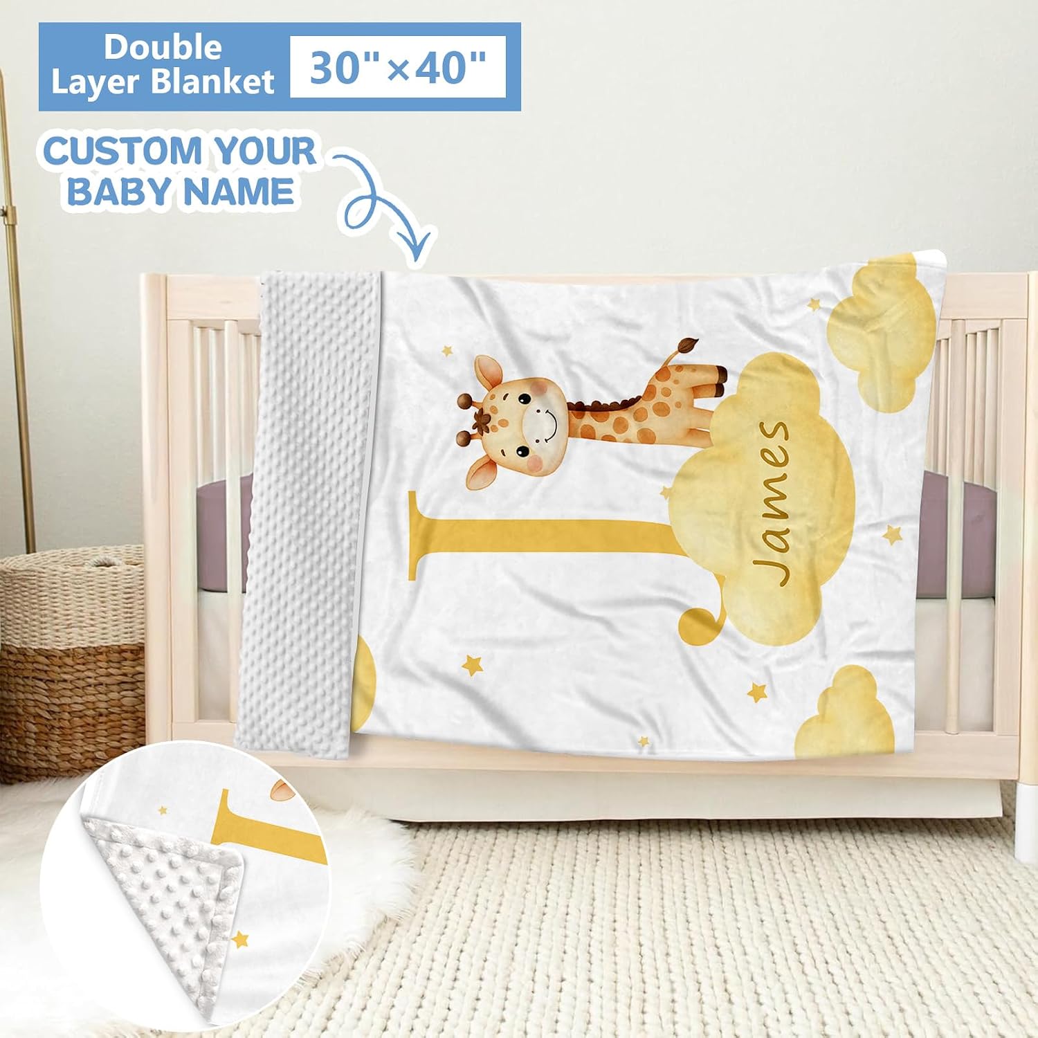 KAINSY Custom Crib Bedding Set, 5 Pcs Personalized Name Monogram Baby Crib Sets for Infants Toddlers, Yellow Giraffe Nursery Bedding Set for Boys Girls, Double Layer Baby Bedding Sets Customized Gifts