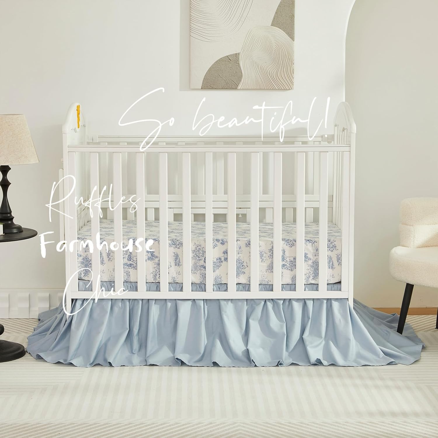 Brandream French Country Toile Crib Bedding Set for Girls Vintage Blue Toile Floral Print 100% Cotton Baby Girl Nursery Bedding Collection - Ruffles Quilt,Toile Crib Sheet,Crib Bed Skirt 3 Pieces