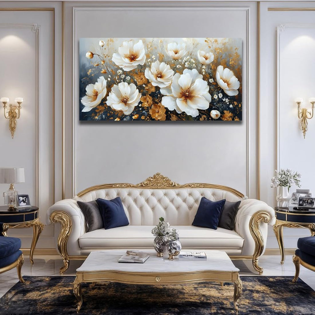 RUIFENGL Flower Canvas Wall Art White and Gold Floral Pictures Canvas Prints Wall Art for Living Room Bedroom Bathroom Home Office Decoration Painting Artwork 29'x58' Xlarge