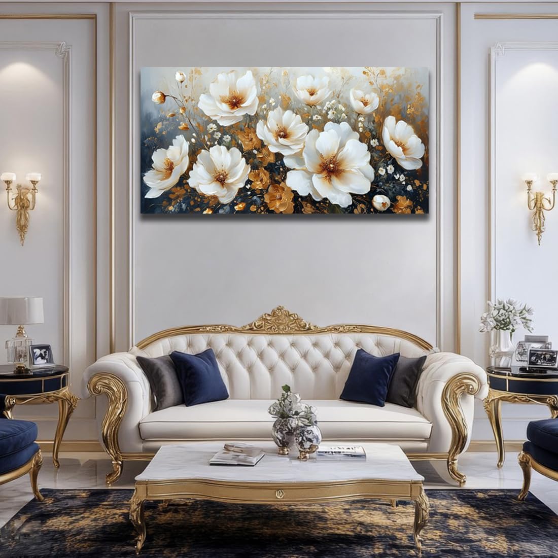 RUIFENGL Flower Canvas Wall Art White and Gold Floral Pictures Canvas Prints Wall Art for Living Room Bedroom Bathroom Home Office Decoration Painting Artwork 29'x58' Xlarge