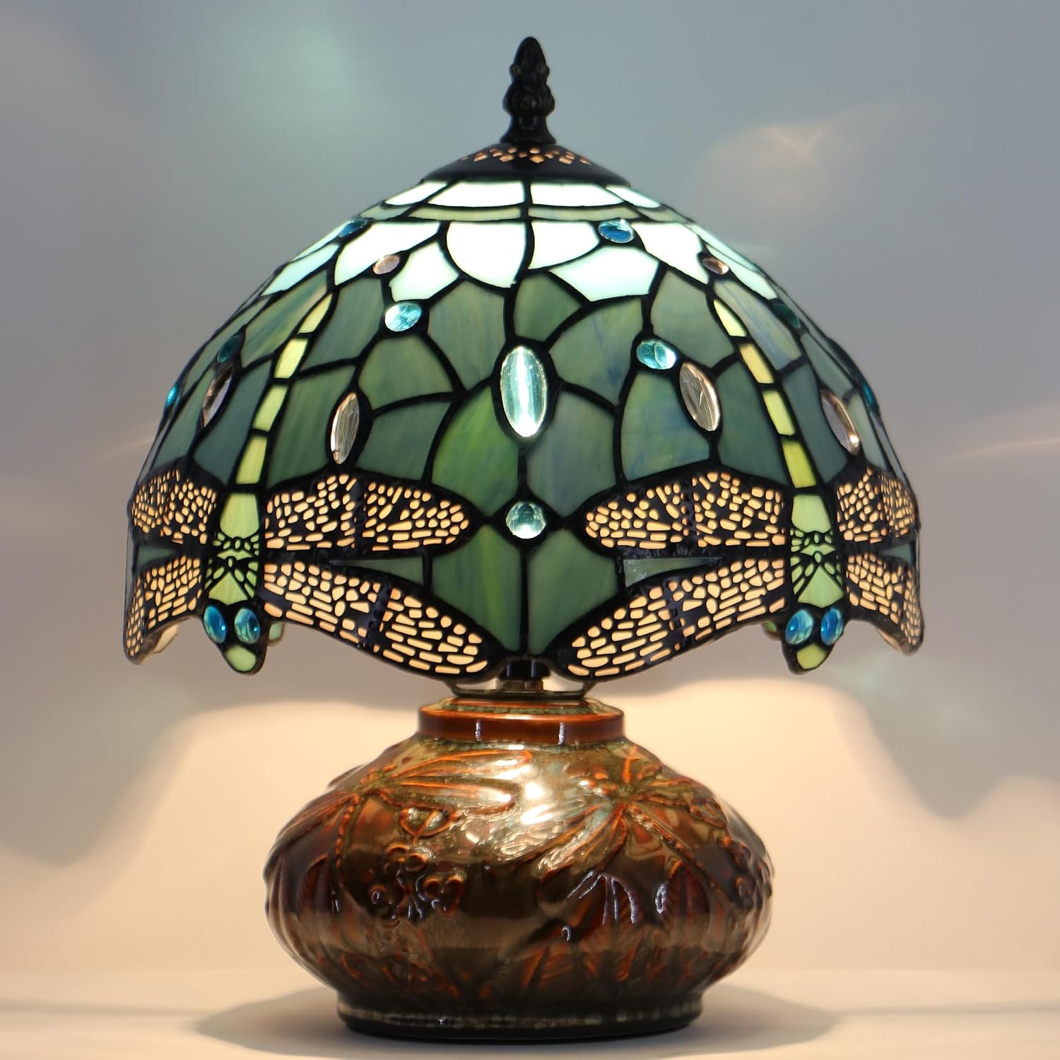 Small Tiffany Table Lamp Mini Mushroom Stained Glass Lamp Memory Sympathy lamp 10X11 Inch (Sea Blue Dragonfly)