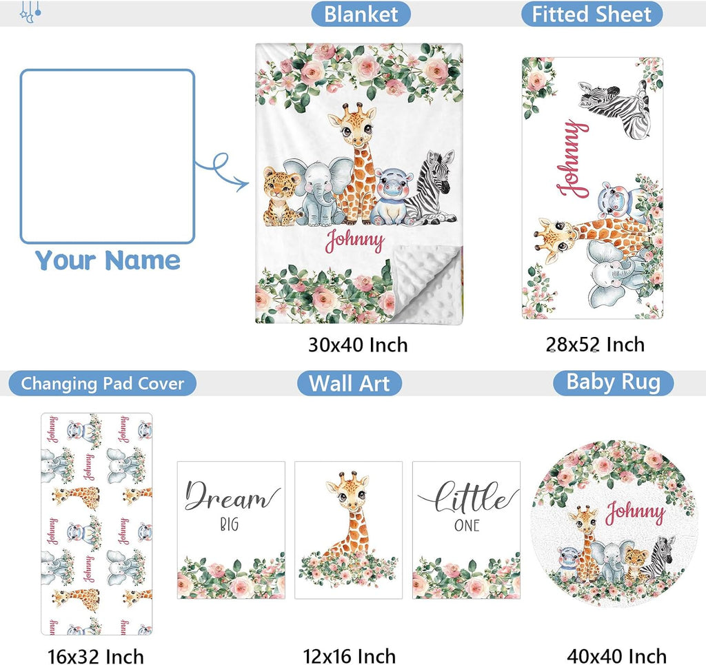 KAINSY Custom 5-Piece Baby Crib Bedding Set, Personalized Name for Kid Toddler, Animal Nursery for Boy Girl, Double Layer, Customized Gift for Infant