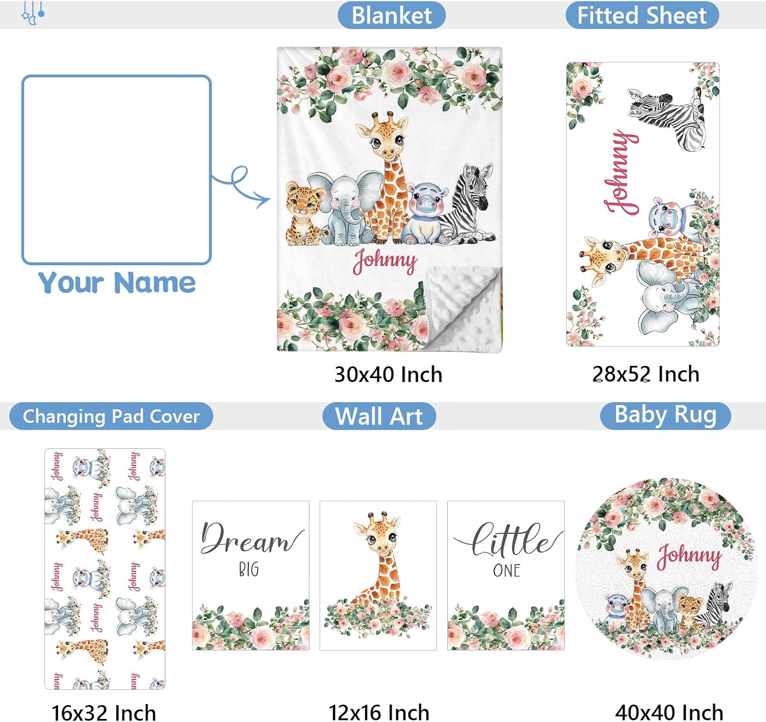 KAINSY Custom 5-Piece Baby Crib Bedding Set, Personalized Name for Kid Toddler, Animal Nursery for Boy Girl, Double Layer, Customized Gift for Infant