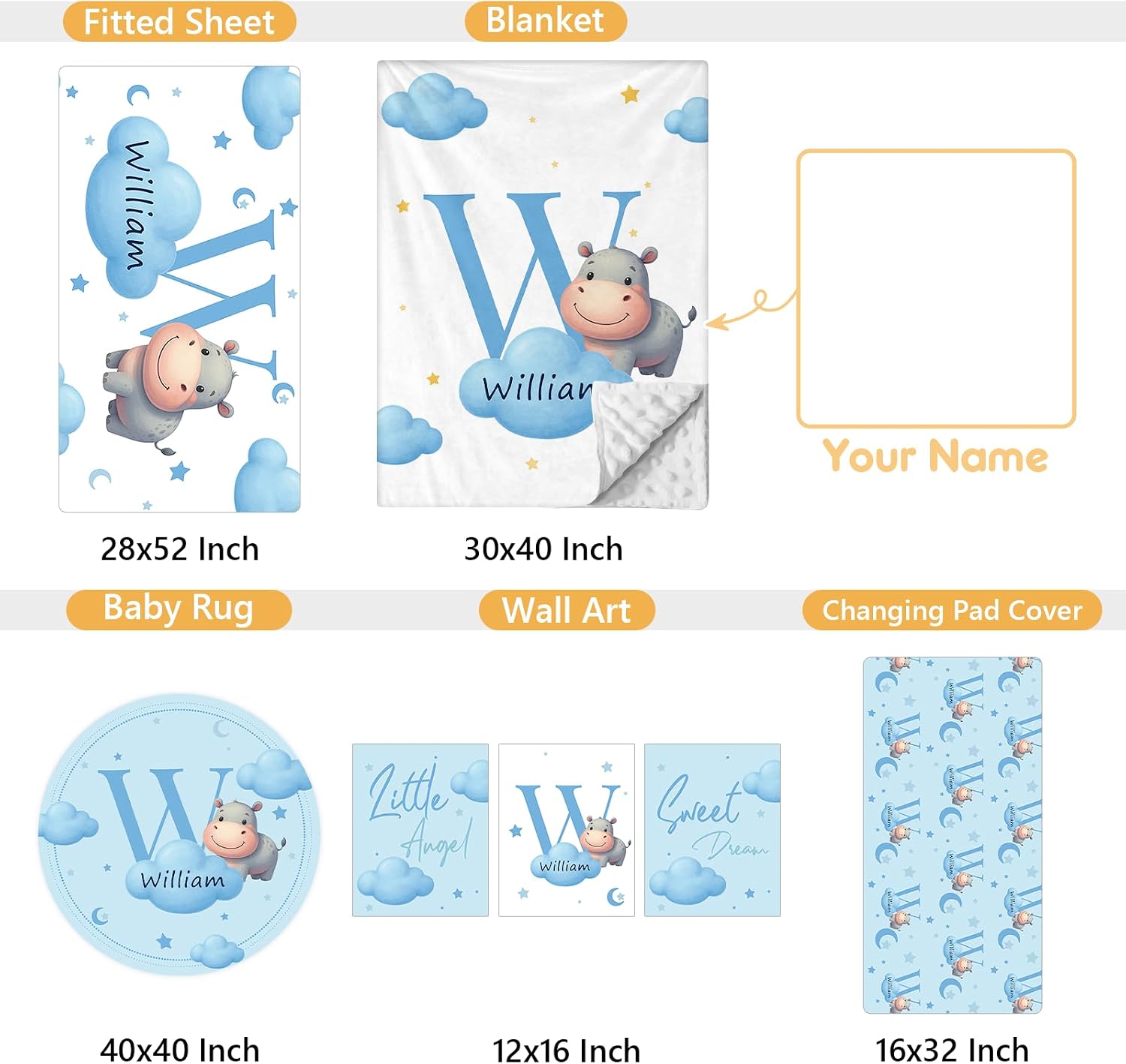 Terwex Custom Crib Bedding Set, 5 Pcs Personalized Name Baby Crib Sets for Newborns Infants Toddlers, Blue Hippo Nursery Bedding Set for Boys Girls, Double Layer Baby Bedding Sets Customized Gifts