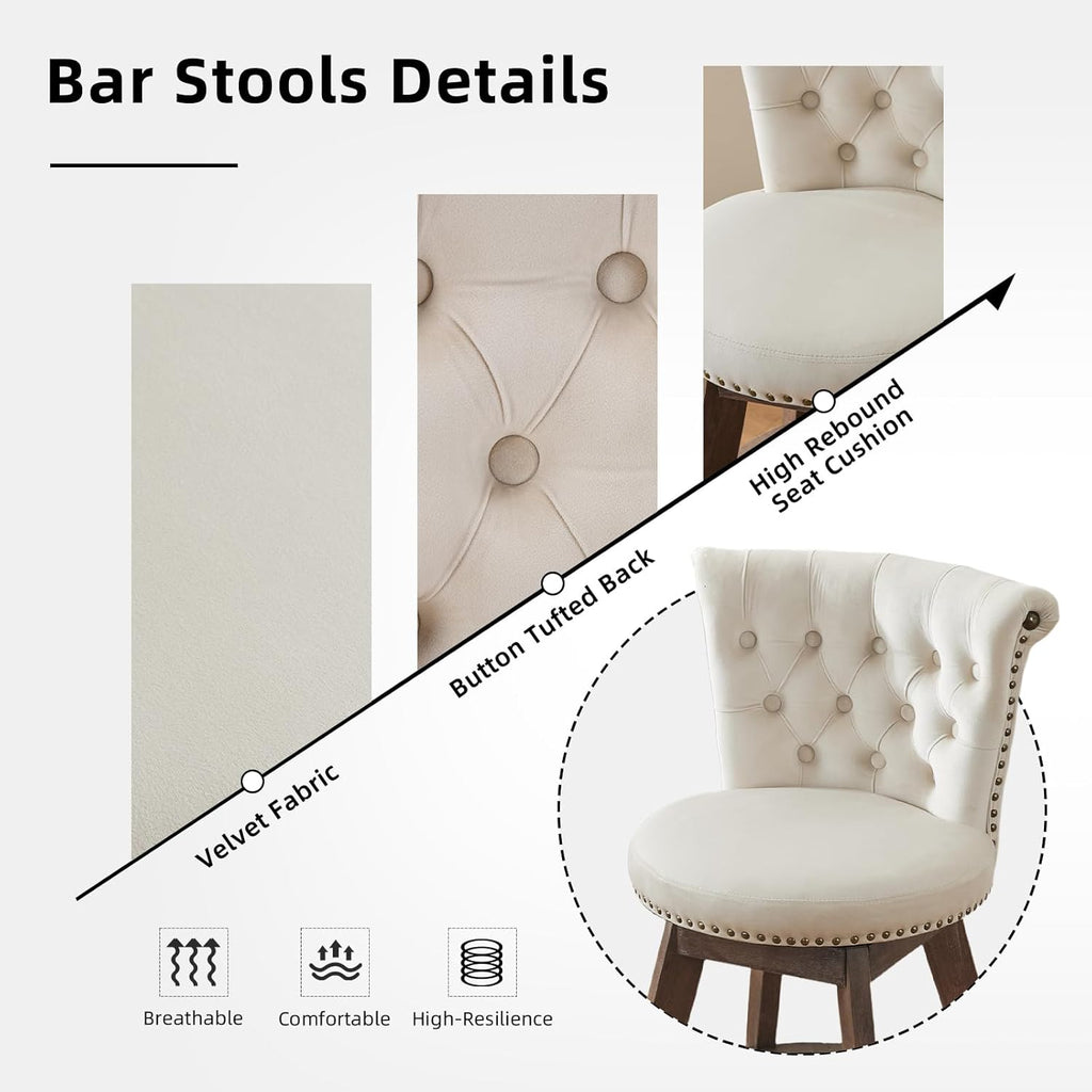 Velvet Bar Stools Set of 2, Modern Swivel Counter Height Stools, Upholstered Kitchen Island Chairs with Button Tufted Back, Rivet Trim, Solid Wood Legs, 25' H Seat, Beige