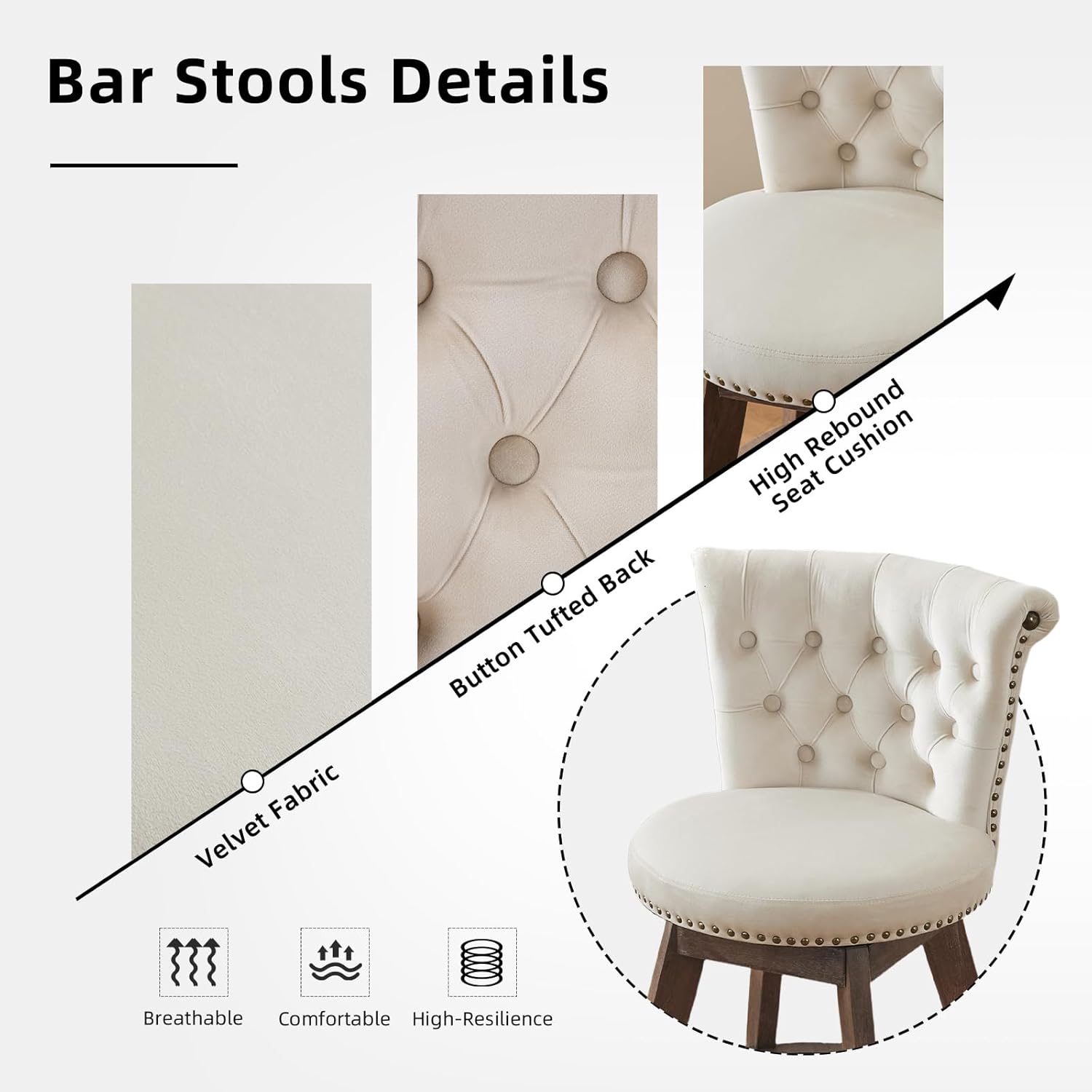 Velvet Bar Stools Set of 2, Modern Swivel Counter Height Stools, Upholstered Kitchen Island Chairs with Button Tufted Back, Rivet Trim, Solid Wood Legs, 25' H Seat, Beige
