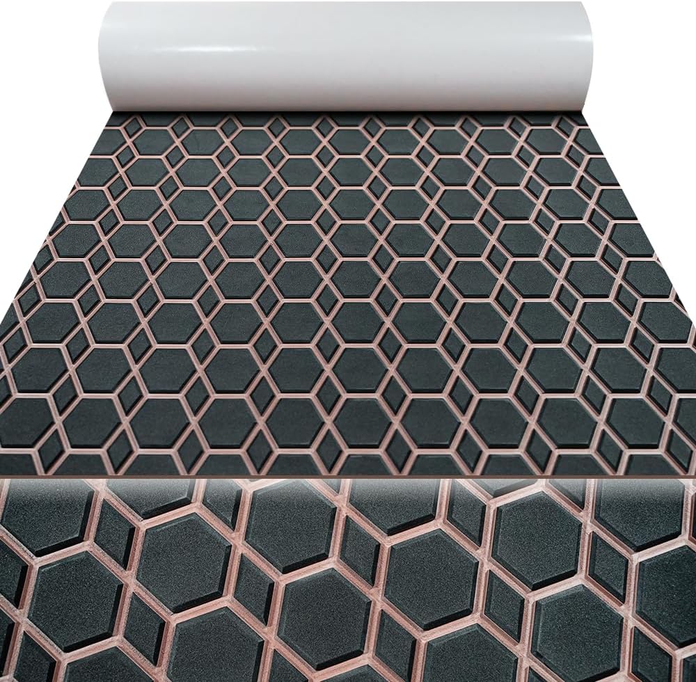 98.4'X43.31' Diamonds and Hexagons EVA Self-Adhesive Boat Flooring and Decorative Fish for Yacht Pool Boat Flooring Sheet Thick Non-Skid mat (Black and Dark Brown, 98.43'X38.58')