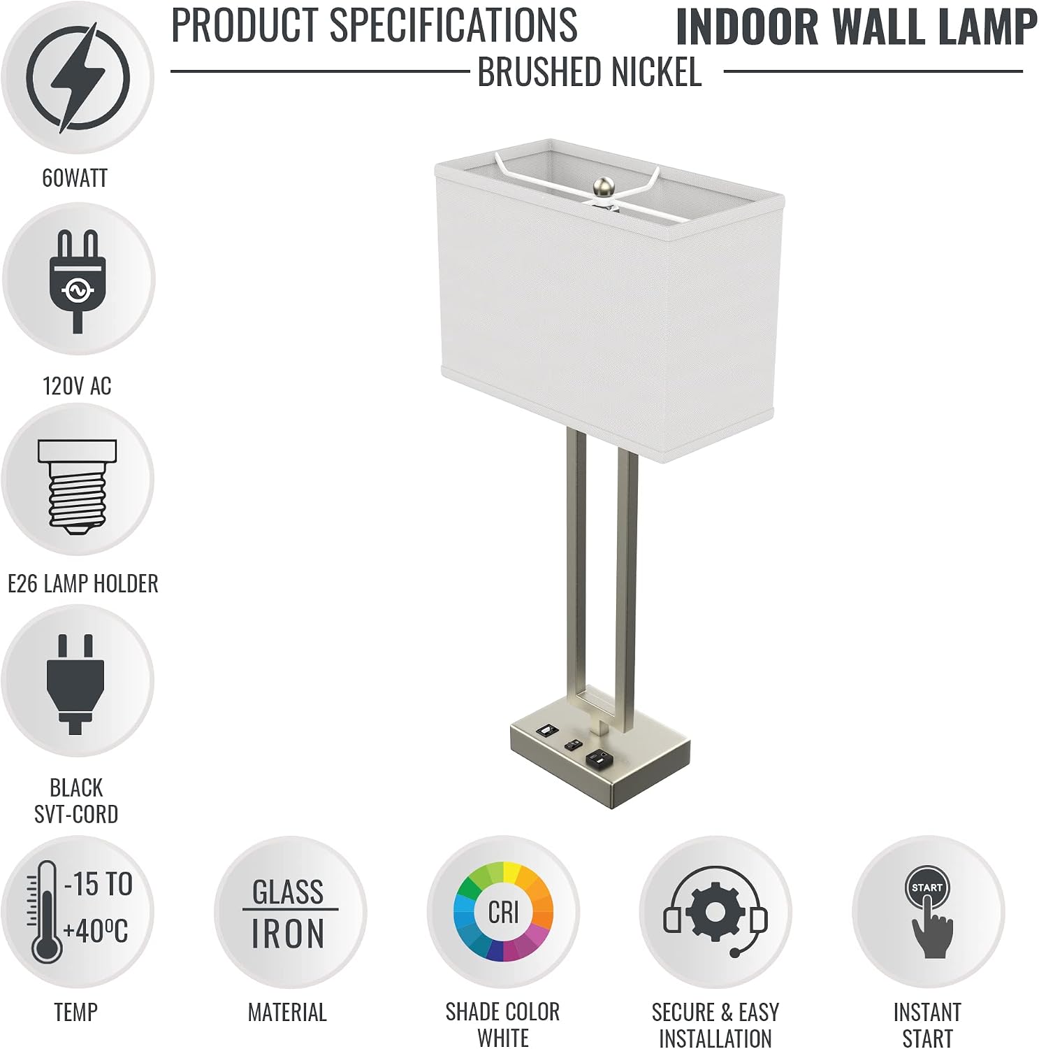 LEDMyPlace 28' Bedside Table Lamp w/ USB Port, On/Off Switch—E26 Lamp Holder—Brushed Nickel Finish & Fabric Linen Shade—Nightstand, Desk Lamp for Bedroom, Living Room, Office, Hotel Room—14'Wx28'Hx7'D