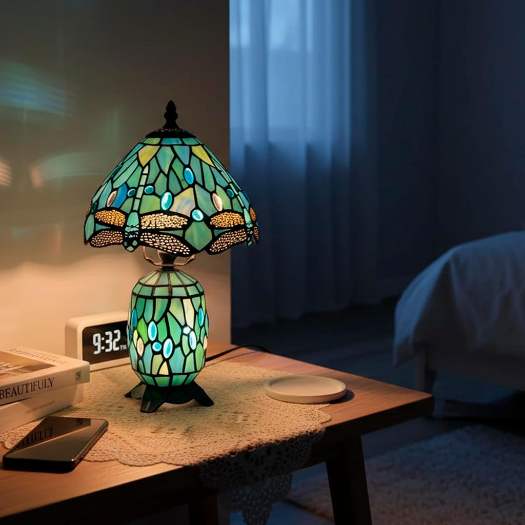 Small Tiffany Lamp Stained Glass Table Lamp Mini Mother Daughter Vase Desk Accent Light for Bedroom Bedside Reading Home Antique Style Decor 8X14 Inches (Sea Blue Dragonfly)