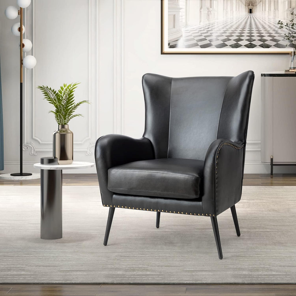 HULALA HOME Faux Leather Accent Chair with Removable Cushion, Comfy Upholstered Armchair with Black Metal Legs & Nailhead Trim Wingback Vanity Chair for Reading Living Room Bedroom, Black