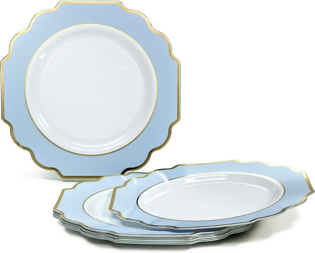 ' OCCASIONS ' 960 Piece set (120 Guests)-Heavyweight Wedding Party Disposable Plastic Plate Set - 120 x 10.5'' + 120 x 8'' + Silverware + Cups + Napkins (Imperial in White & Blue & Gold)