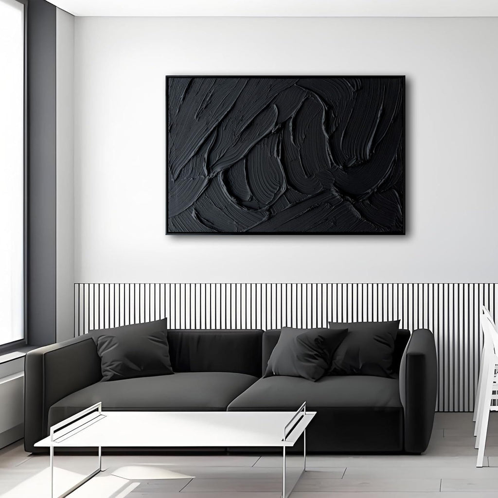 Slyart Framed Black Textured Wall Art, Hand Painted Contemporary Abstract Oil Painting, Framed Thick Texture Vertical Canvas Wall Art 24x36 Inch