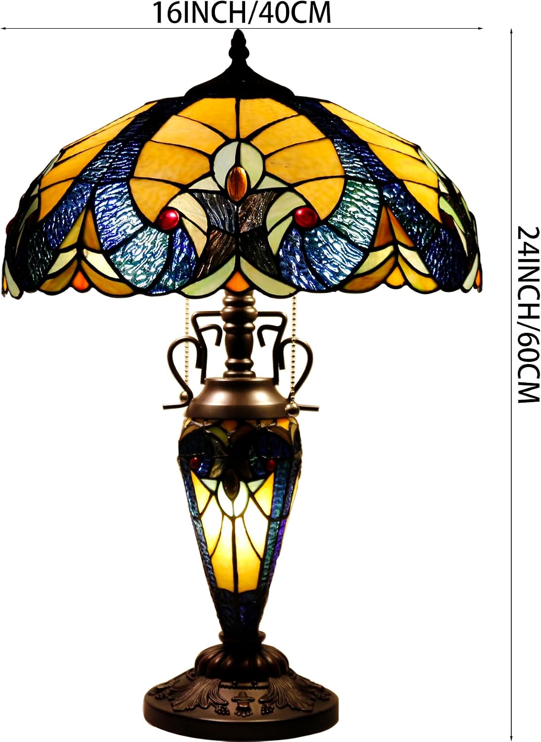 WERFACTORY Tiffany Lamp Yellow Stained Glass Liaison Mather-Daughter Vase Table Lamp 16X16X24 Inch Antique Desk Reading Light Decor Bedroom Living Room Home Office S160E Series