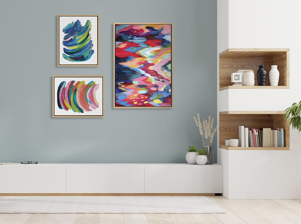 Kate and Laurel Sylvie Brushstroke and Bright Abstract Framed Canvas Wall Art Set by Jessi Raulet of Ettavee; Set of 3; two 16x20 and one 23x33 Natural Finish Frames; Colorful Modern Home Décor
