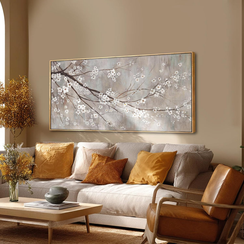 XIANSHOU Plum blossom Wall Decor White Flowers Painting on Canvas Nature Wall Art for Bedroom 24'x 48' Wall Decorations for Living Room Office