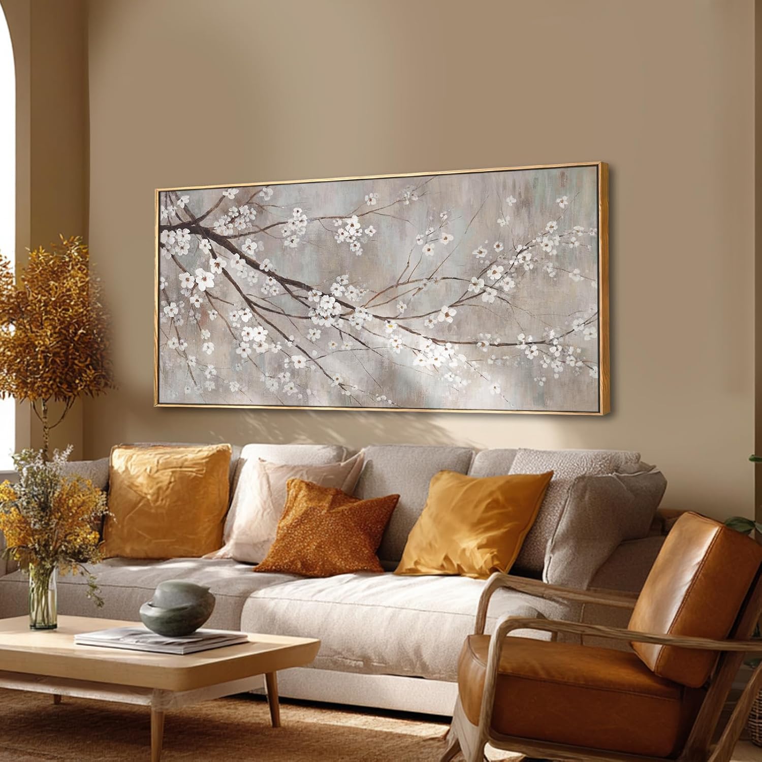 XIANSHOU Plum blossom Wall Decor White Flowers Painting on Canvas Nature Wall Art for Bedroom 24'x 48' Wall Decorations for Living Room Office