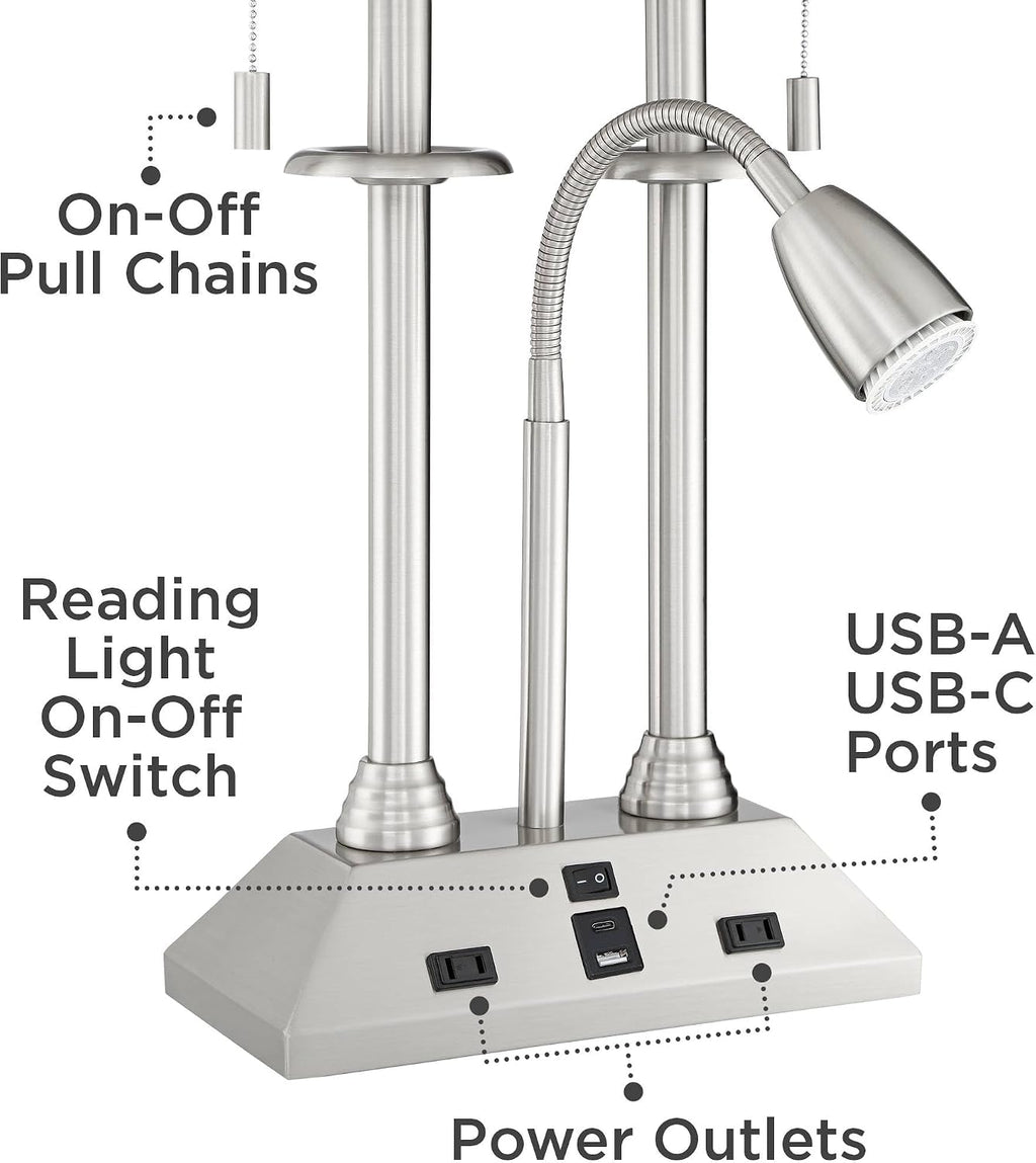 Possini Euro Design Dexter 26' High Modern Table Lamp with USB Charging Ports A+C and AC Power Outlet in Base Brushed Nickel LED Reading Light White Linen Shade Bedroom Living Room House Desk